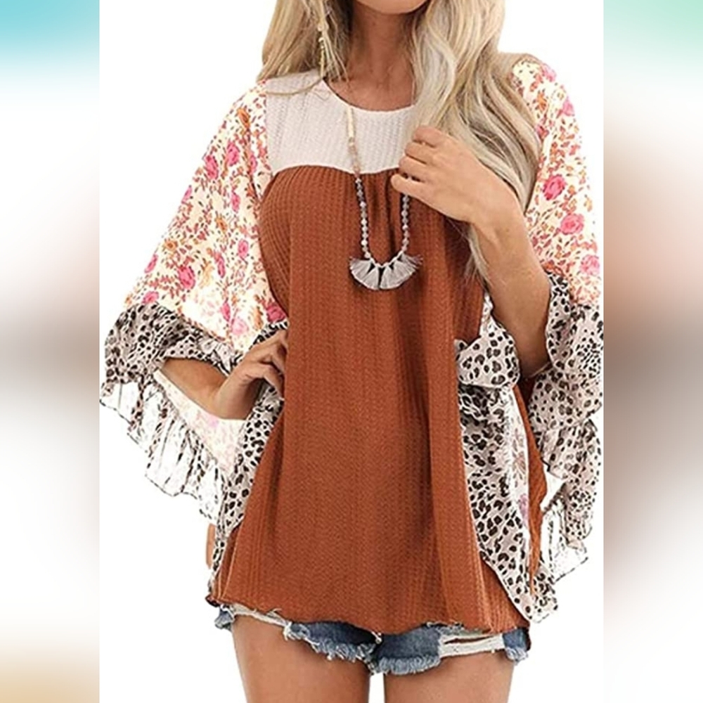 Waffle Knit & Chiffon Boho Top